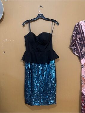 Material Girl Black Strapless Peplum Dress with Blue Sequin Skirt